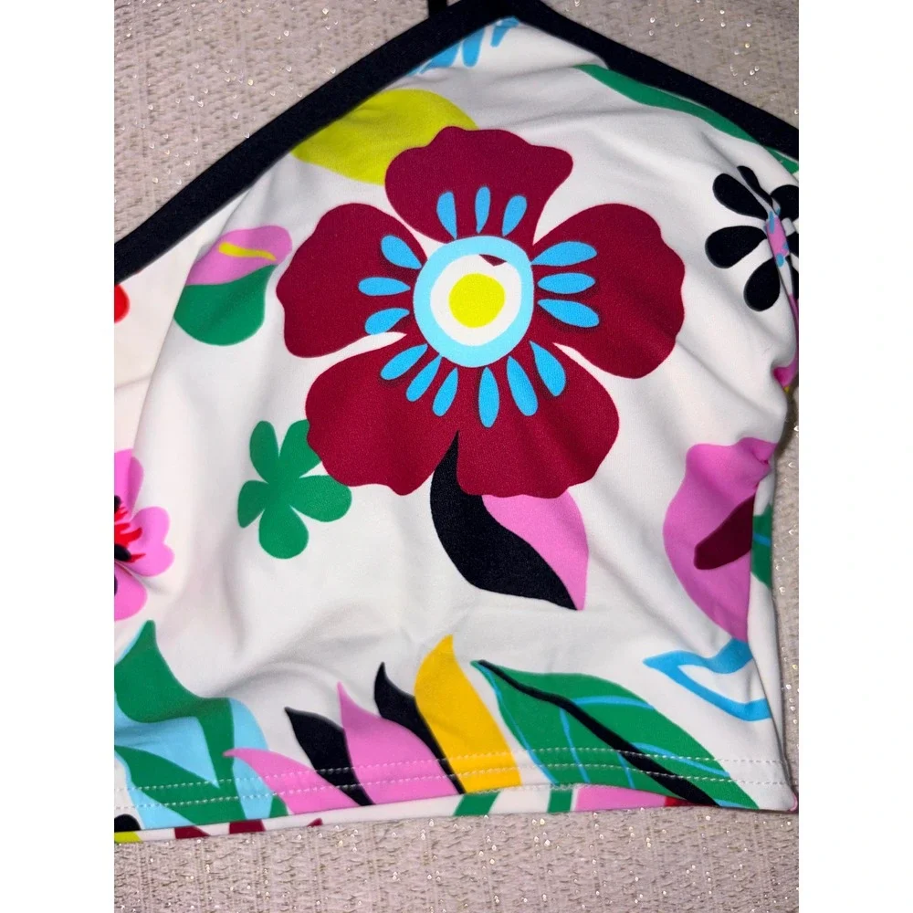 Kate Spade Cami Crop Bikini Top‎ Women Medium Cream Multi NWT Floral V-Neck